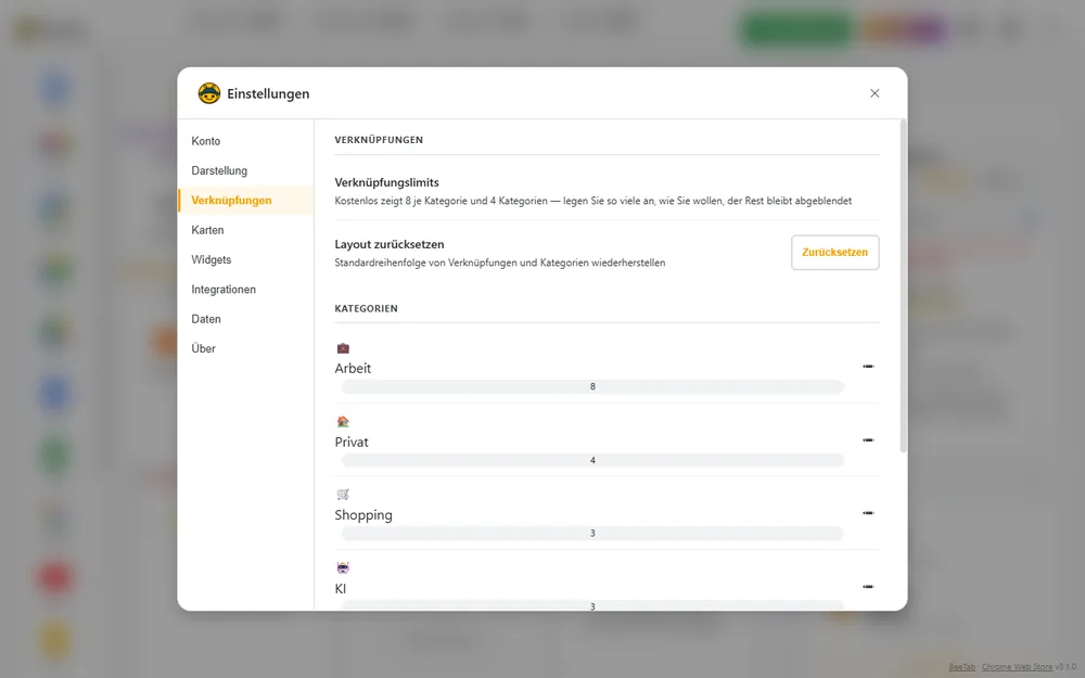 Verknüpfungskategorien im Bearbeitungsmodus