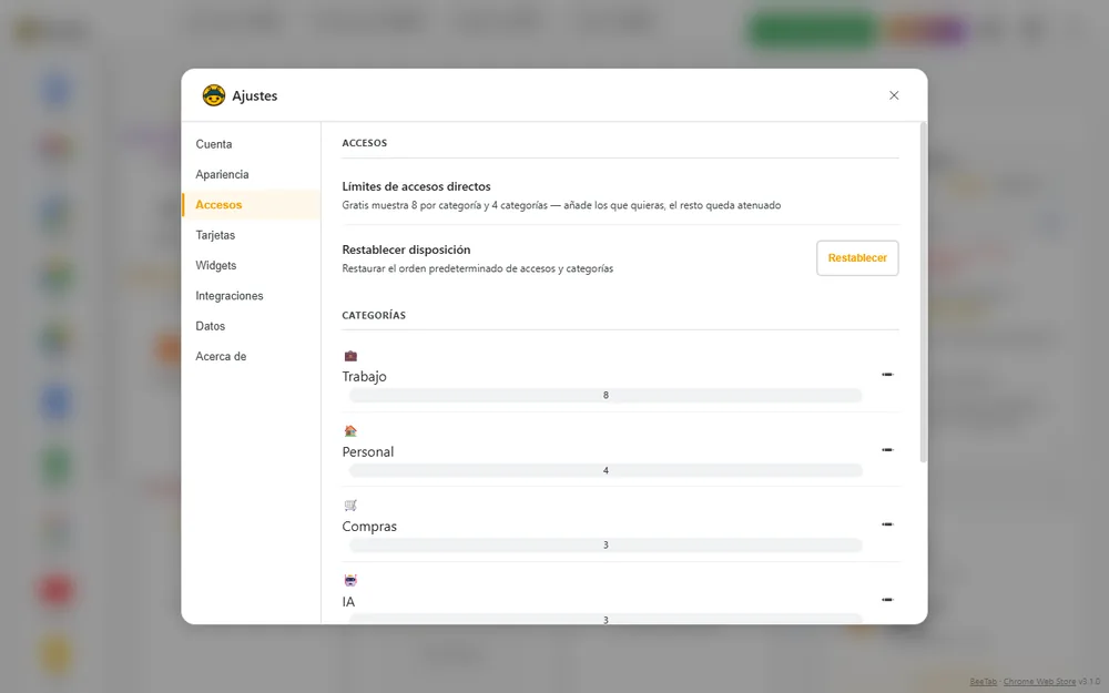 Categorías de accesos en modo edición