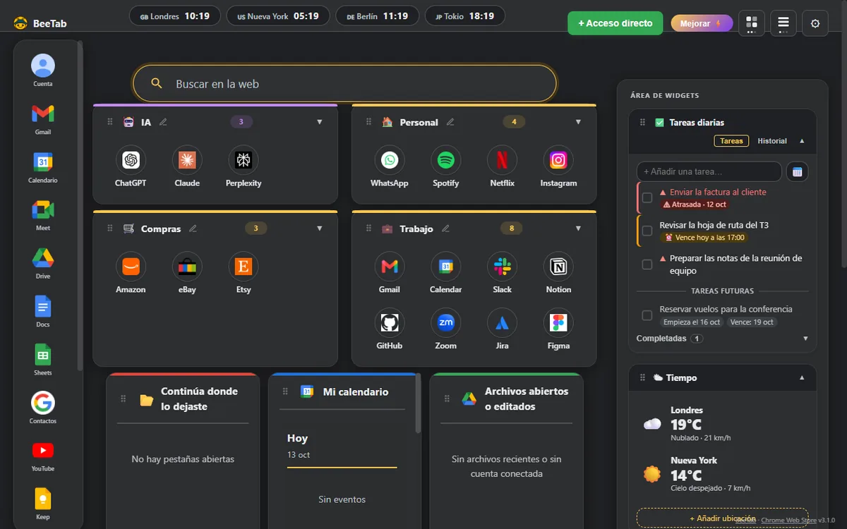 El panel de BeeTab: categorías de accesos, tareas, relojes mundiales y tiempo