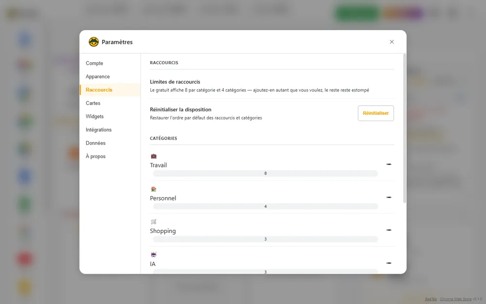 Catégories de raccourcis en mode édition