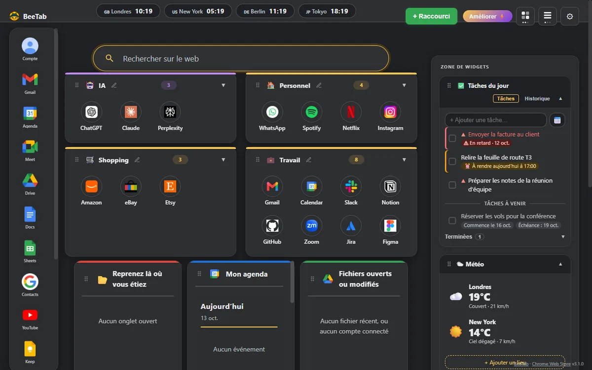 Le tableau de bord BeeTab : catégories de raccourcis, tâches, horloges mondiales et météo