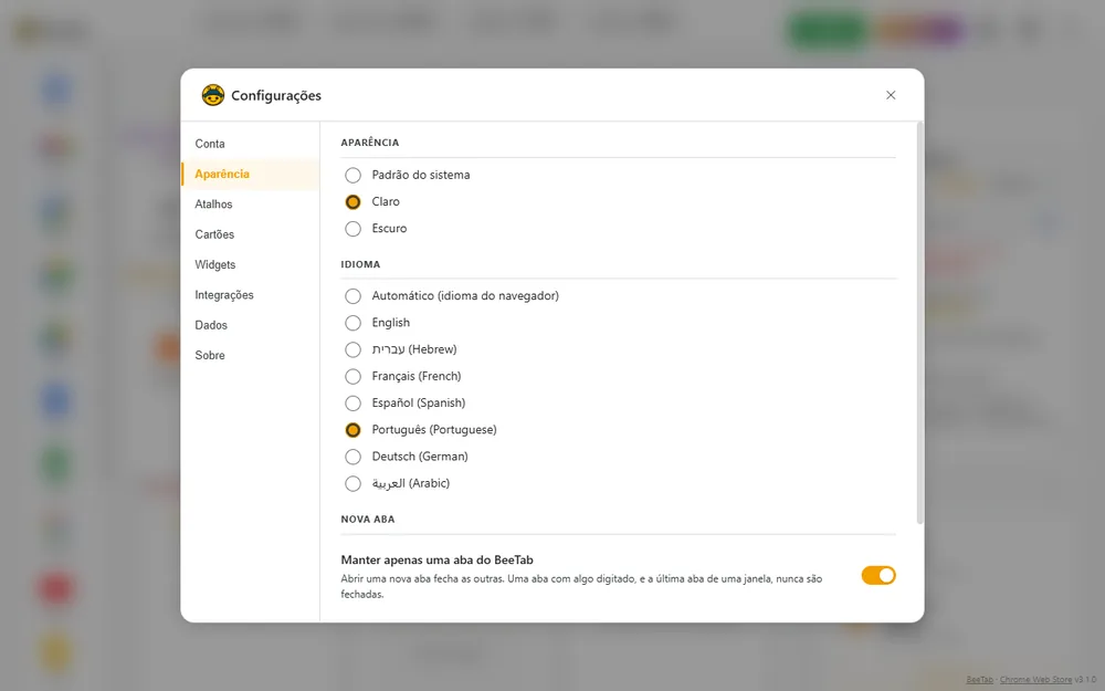 Configurações do BeeTab: sete idiomas com suporte RTL