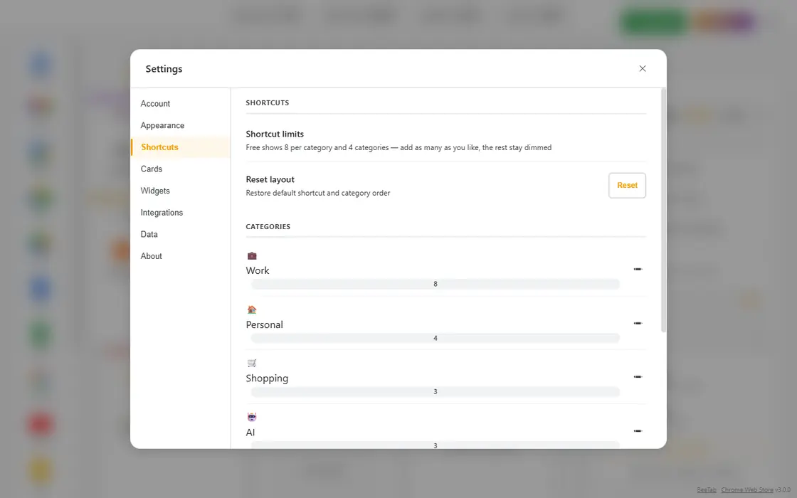 BeeTab shortcut categories in edit mode