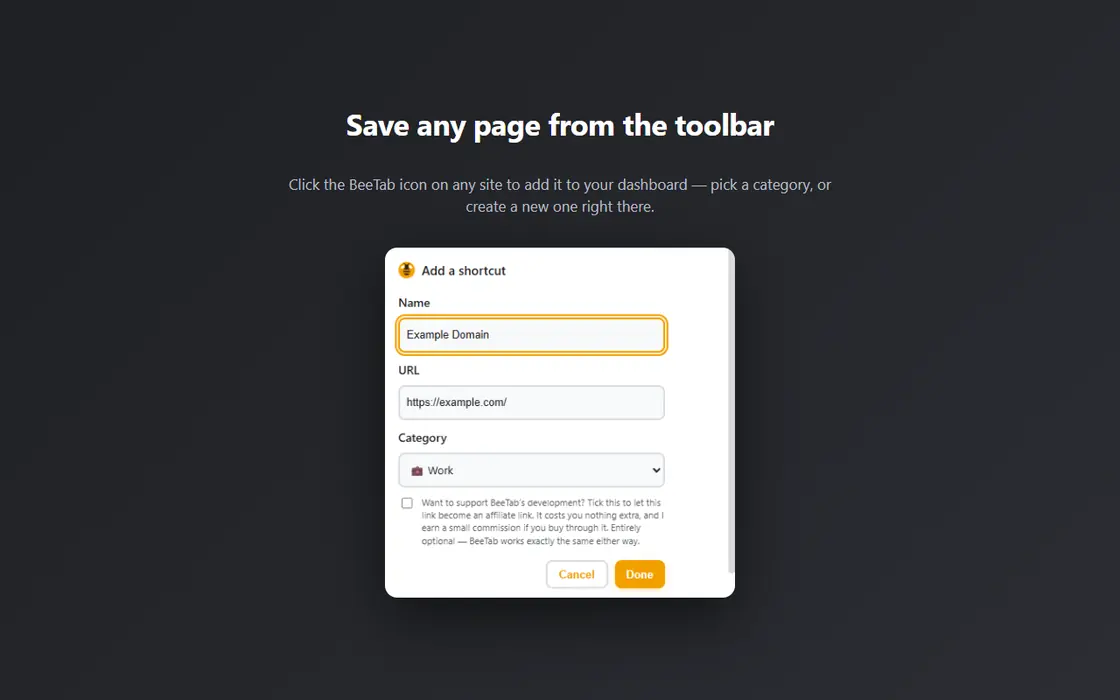 Saving the current page as a shortcut from the BeeTab toolbar popup