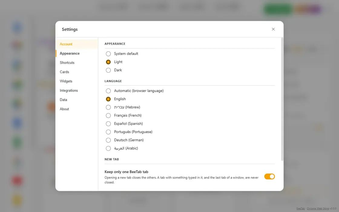 BeeTab settings: seven languages with full right-to-left support